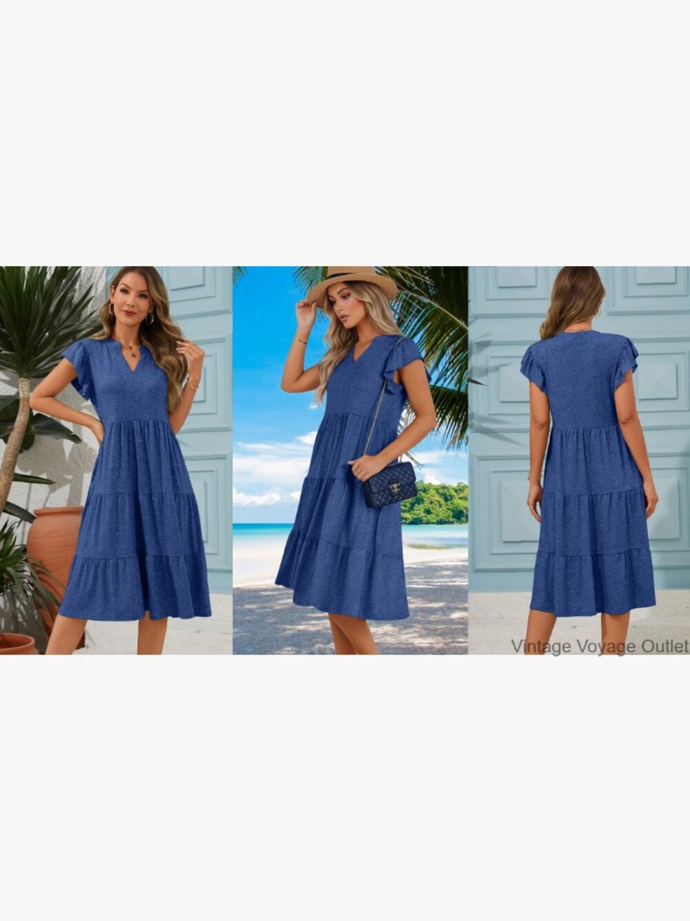 Womens Summer Dress Ruffle Sleeve V Neck Midi Casual Dress Flowy Tiered Boho - Picture 5 of 5